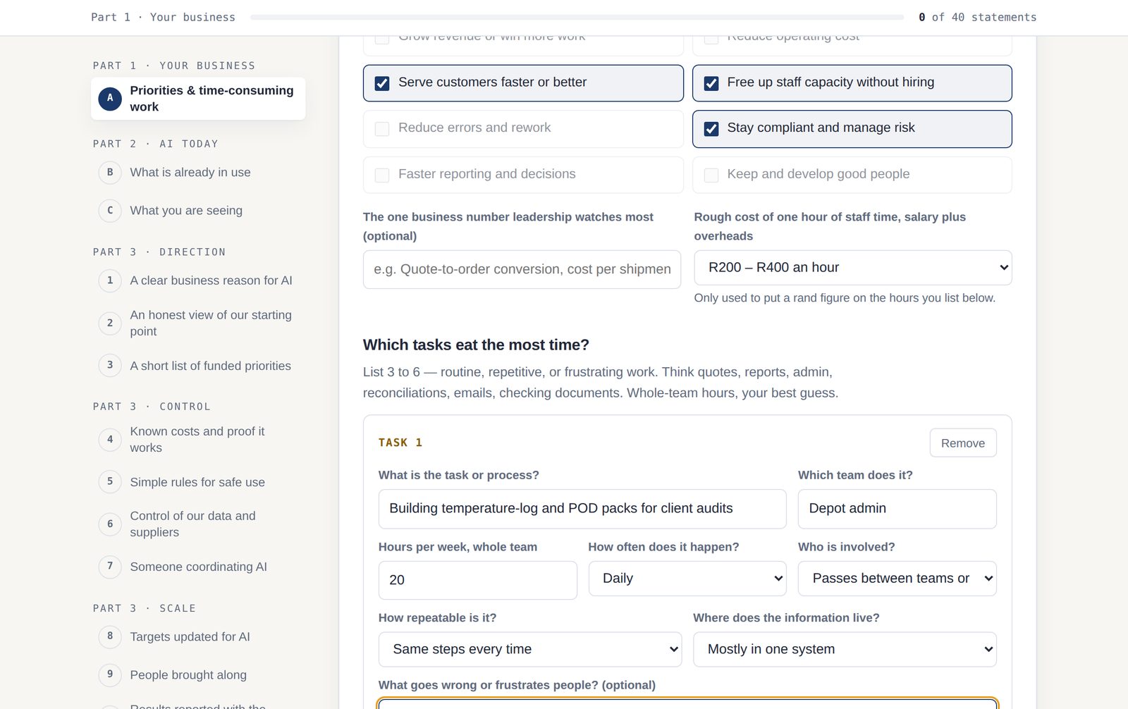 Part 1 of the questionnaire: business priorities ticked and a time-consuming task described, with hours per week, frequency, repeatability and where the information lives.